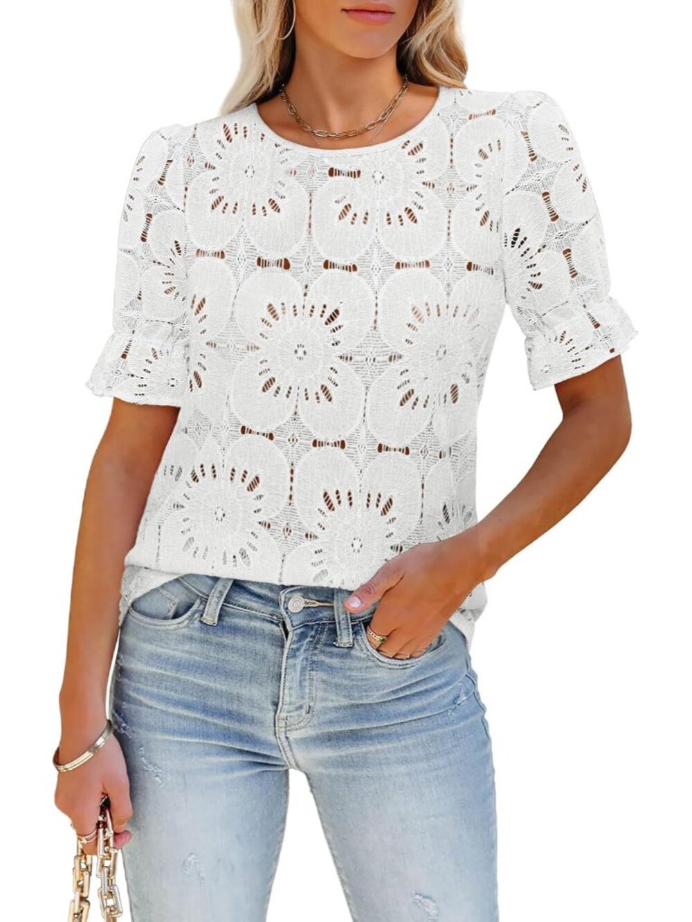 Women's Eyelet Tops Puff Short Sleeve Blouses Dressy Casual Cute Hollow Out Croc